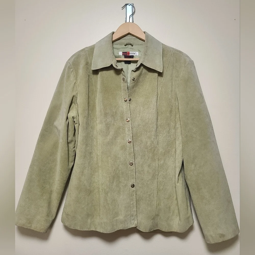 Live a Little Jacket Leather Suede Olive Green Snap closure sz xl - Picture 5 of 6